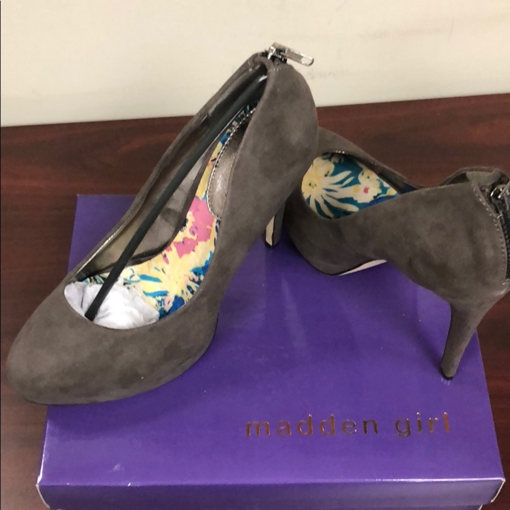 Madden Girl, grey suede high heel pumps